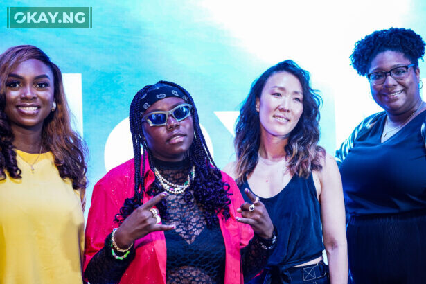 Oluwasola Obagbemi, Corporate Comms Manager for Anglophone West Africa at Meta; Teni the Entertainer, headline artist; Anna Lee, International Marketing Manager at Meta and Malika Touré, Communications Manager - Francophone Africa at Meta, during the #FlexNaija mixed reality event in Lagos