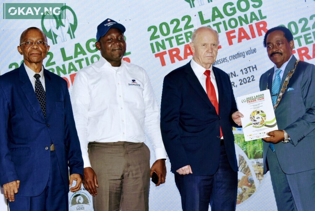 L-R, Lagos Chamber of Commerce and industry (LCCI) Vice President, Gabriel Idahosa, Dangote Industries Limited, Group Chief Commercial Officer, Rabiu Umar, Dangote Industries Limited, Group Executive Director / Vice President ( LCCI) Knut Ulvmoen, Received the Chamber of Commerce Guide from the President of Lagos Chamber of Commerce and industry, ( Dr.) Olawale Cole, at the Dangote Group Special Day In the 2022 Lagos International Trade Fair in Lagos on Wednesday 9th November 2022