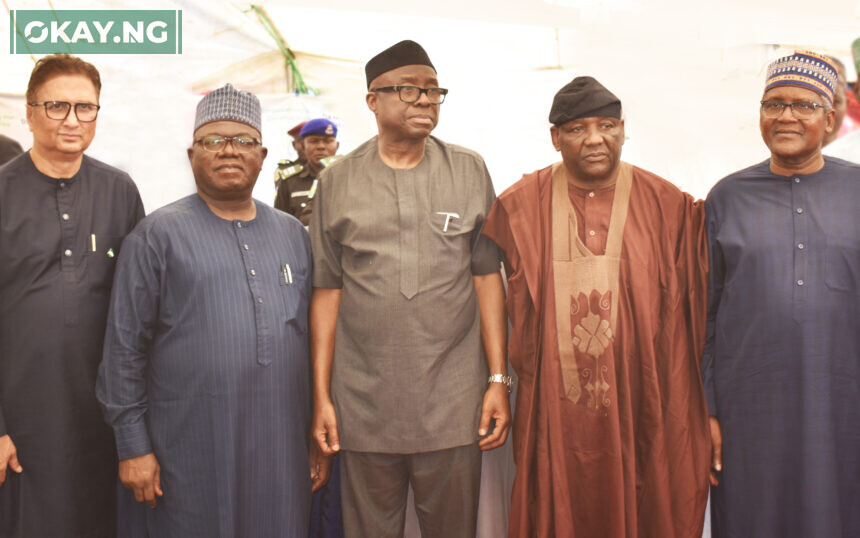 L-R: Group Managing Director, Dangote Sugar Refinery Plc, Ravindra Singhvi; Chief of Staff to the Adamawa State Governor, Prof. Maxwell Gidado; Hon. Minister of Industry, Trade and Investment, Otunba Adeniyi Adebayo; Deputy Governor of Adamawa State, Crowder Seth and President/CE Dangote Industries Limited, Aliko Dangote at the Flag-off ceremony of 2022/2023 Crushing Season and Outgrower Scheme Awards at Dangote Sugar Refinery in Numan, Adamawa State yesterday.