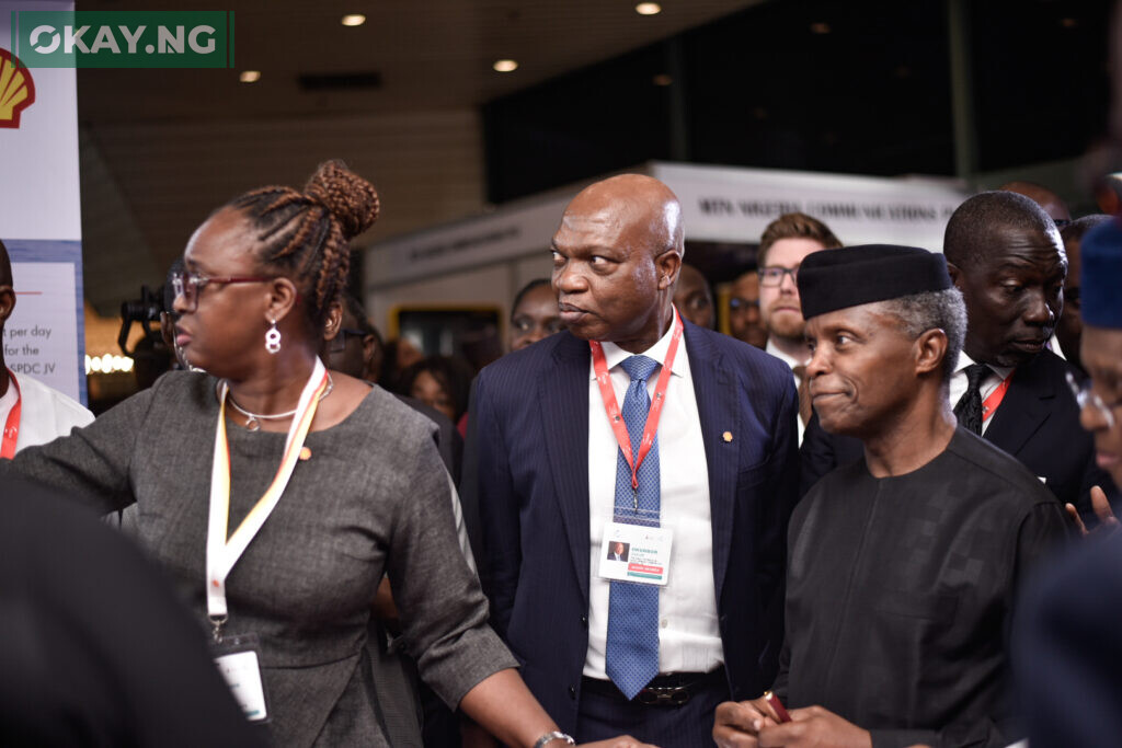 L-R: Managing Director, Shell Nigeria Exploration and Production Company Limited, Elohor Aiboni, with the Managing Director, The Shell Petroleum Development Company of Nigeria Limited and Country Chair, Shell Companies in Nigeria, Osagie Okunbor, explaining Shell business and strategy in Nigeria to Vice President Yemi Osinbajo at the opening session of the 2022 Nigeria Economic Summit in Abuja… on Monday