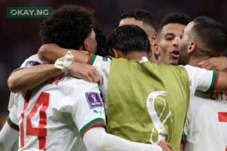 Morocco’s forward #14 Zakaria Aboukhlal (L) celebrates with teammates after scoring his team’s second goal during the Qatar 2022 World Cup Group F football match between Belgium and Morocco at the Al-Thumama Stadium in Doha on November 27, 2022. (Photo by Fadel Senna / AFP)
