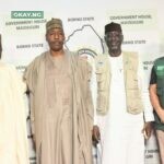 L-R; Assistant Secretary (PCFRR) Umar Musa Gulani, Who Represent the of Chairman Presidential Committee On Flood Relief Rehabilitation (PCFRR) Aliko Dangote, Director General (NEMA) Ahmed Mustapha Habib, Borno State Governor, Prof. Babagana Umar Zulum, at Flag Off ceremony for Distribution of Presidential Committee on Flood Relief Rehabilitation donated relief materials to Flood Victims in Borno State on Tuesday 6th December 2022 at NEMA Zonal Office, Maiduguri, Borno State