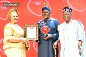 L--R: Chairman of Occasions, Mrs. Ajoritsedere Awosika, President/CE, Dangote Industries limited, Aliko Dangote, with the Vanguard 2022 Personality of the year Award, Publisher of Vanguard Newspapers, Sam Amuka, at the Vanguard Newspapers 2022 Awards in Lagos on Friday 27th January 2023