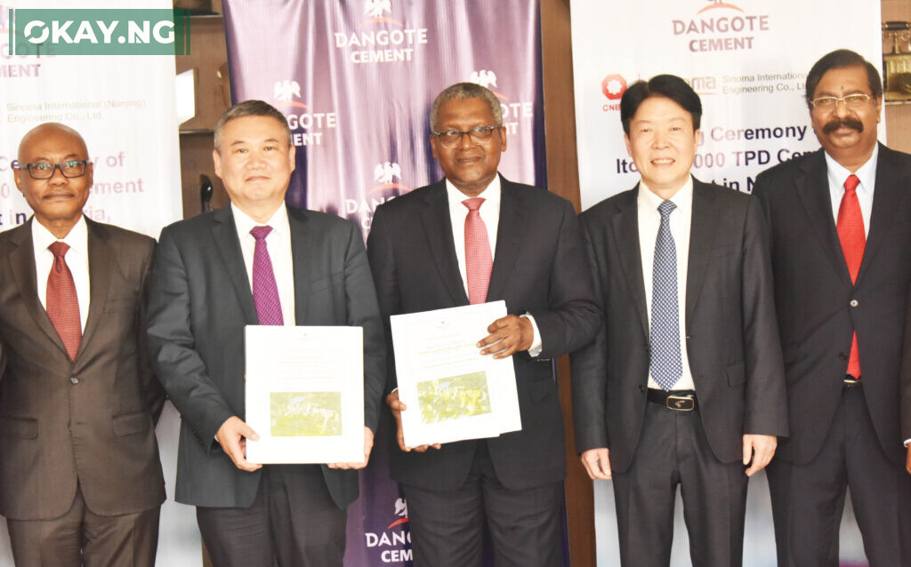 (L-R) Group Managing Director, Dangote Industries Limited, Olakunle Alake; Chairman, Sinoma International Engineering (Nanjing) Co. Ltd., Liu Renyue; President/CE, Dangote Industries Limited, Aliko Dangote; President, Sinoma International Engineering (Nanjing) Co. Ltd., Yin Zhisong; and Group Executive Director, Strategy, Capital Projects & Portfolio Development, Dangote Industries Limited, Devakumar Edwin; at the Signing ceremony in Lagos, of 2x6000 TPD Cement Project, Itori Cement Plc, Ogun State.