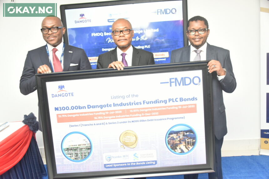 (L-R) Chief Executive Officer of FMDQ, Bola Onadele Koko; Group Managing Director, Dangote Industry Limited, Olakunle Alake and Mustapha Ibrahim, the Group Chief Financial Officer, Dangote Industries Ltd. during the Listing Ceremony of the Dangote Industries Funding Plc's Bonds at FMDQ, in Lagos