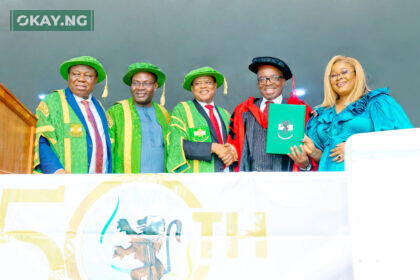 L – R: Vice Chancellor, University of Nigeria, Nsukka, Prof. Charles Arinzechukwu Igwe; Minister of State for Education, Rt. Hon. Goodluck Nanah Opiah; Pro-Chancellor and Chairman of the Governing Council of University of Nigeria, Nsukka, Amb. Bako Sani; Group Managing Director/CEO, Zenith Bank Plc, Dr. Ebenezer Onyeagwu; and Mrs Kachi Onyeagwu during the conferment of the Doctorate Degree in Business Administration on Dr. Onyeagwu by the University of Nigeria, Nsukka at the weekend.
