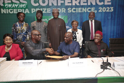 L-R: Chief Dr Nike Akande, The Nigeria Prize for Science Advisory Board member; Sir Godson Dienye, Government Relations Manager (NLNG), representing NLNG’s General Manager, External Relations and Sustainable Development; Professor Barth Nnaji, Chairman, Prize Advisory Board, and Professor Joseph Ahaneku, chairman, panel of judges (4th, L) during the handover of The Nigeria Prize for Science (2023) entries to kick off the adjudication process of the prize. With them are other members of the Advisory Board, panel of judges and NLNG, sponsors of the prize.