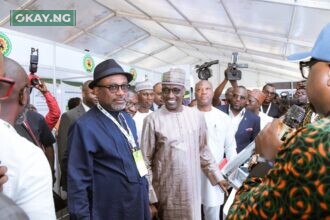 L-R: Executive Secretary NCDMB, Engr. Simbi Kesiye Wabote; Group Chief Executive Officer, Nigerian National Petroleum Company Ltd, Mallam Mele Kolo Kyari and Commissioner for Mineral Resources, Bayelsa State, Dr. Ibiene Jones at the exhibition of capacities at the 2023 Nigerian Oil and Gas Opportunity Fair (NOGOF).