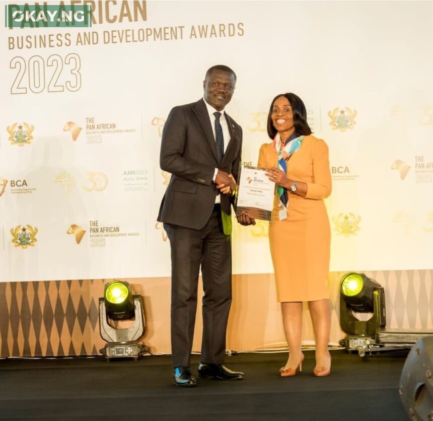 Mrs. Kanayo Awani, Executive Vice President of Afrexim Bank, presenting the *Financial Institution of the Year* award won by First Bank of Nigeria Limited to Victor Yaw Asante, MD of FBNBank Ghana representing CEO, FirstBank Group at the Afreximbank Pan African Business and Development Awards 2023 in Accra Ghana.