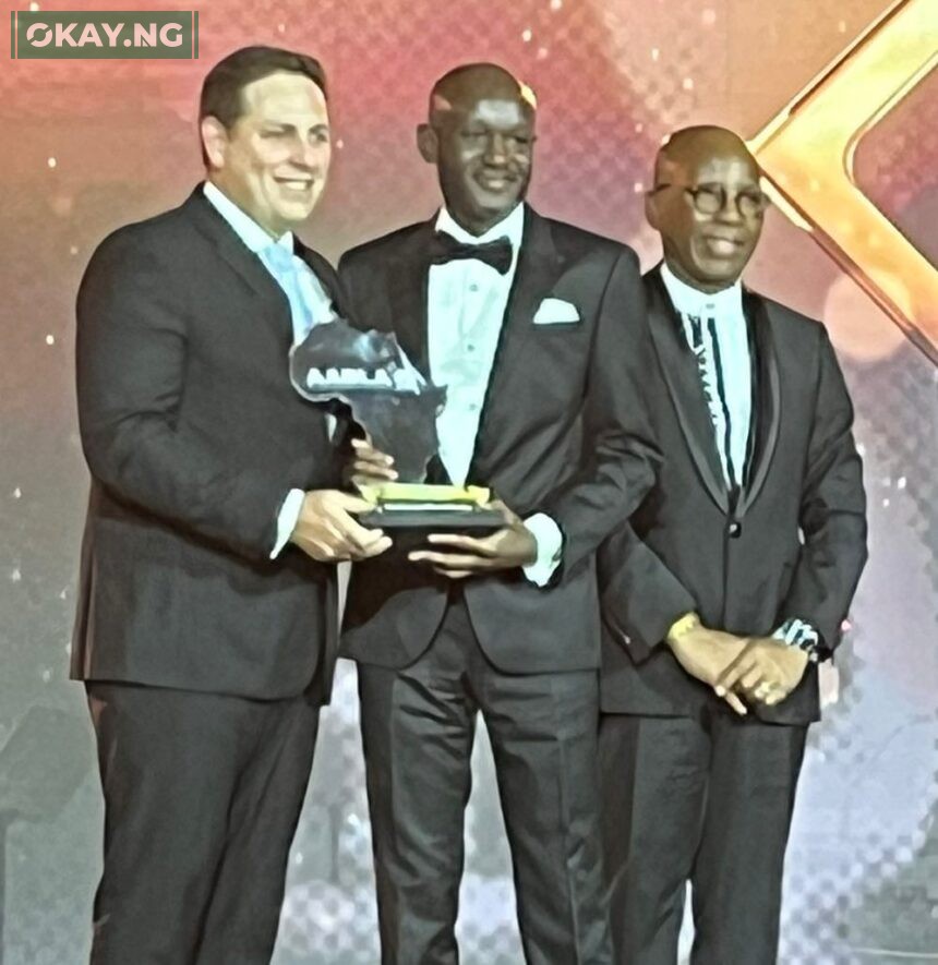 L-R: Head of Private Clients, SASFIN Wealth, South Africa, Flynn Robson; Chief Financial Officer, Zenith Bank Plc, Dr. Mukhtar Adam; and Chairman, BSG, South Africa, Mteto Nyati during the presentation of the CFO of the Year Award to Dr. Mukhtar Adam at the 11th All Africa Business Leaders Awards (AABLA) in partnership with CNBC Africa, held at the King's Ballroom, Sun City, South Africa at the weekend.