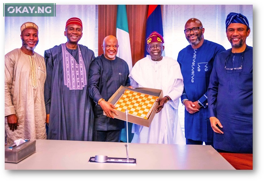L-R: Chief Financial Officer, MTN Nigeria, Modupe Kadri; Chairman, MTN Nigeria, Dr. Ernest Ndukwe (OFR); Chairman, MTN Group, Mcebisi Jonas; President Bola Ahmed Tinubu; President & CEO, MTN Group, Ralph Mupita and Chief Executive Officer, MTN Nigeria, Karl Toriola during a courtesy visit by the leadership of MTN to the President.