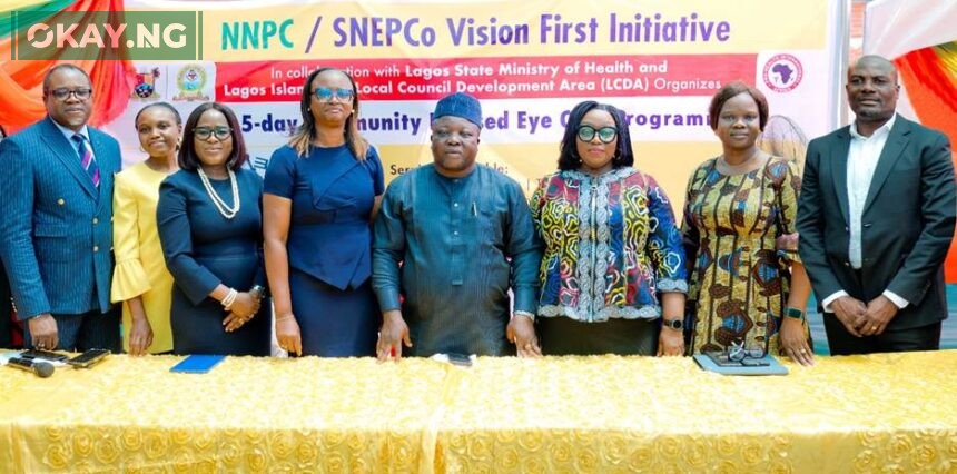 L-R: Shell's Regional Community Health Manager, Dr Akin Fajola; Lagos State Deputy Director for Health, Dr Adeniran Ifeyemi; Managing Counsel, Shell Nigeria Exploration and Production Company (SNEPCo), Mrs Lara Taiwo-Ogunbodede; SNEPCo's Managing Director, Mrs Elohor Aiboni; Chairman, Lagos Island East Local Council Development Area, Mr. Muibi Folawiyo; Manager Stakeholder Relations, NNPC Upstream Investment Management Services (NUIMS), Ms Julie Utang; NUIMS Deputy Manager, External Relations, Mrs. Bunmi Lawson; and Shell's Social Performance and Social Investment, Manager, Mr. Emmanuel Anyim at the opening session of NNPC/SNEPCo "Vision First Initiative", a free medical eye care outreach for Lagos Island community at the Sura Primary Health Care Centre, Lagos recently.