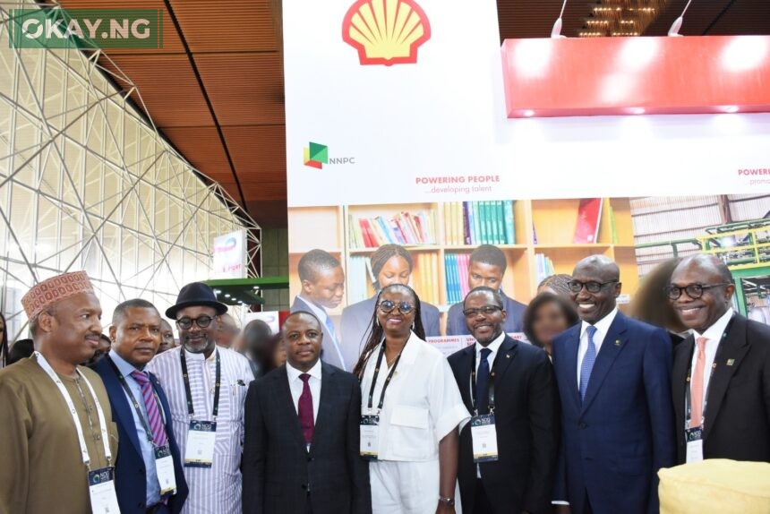 L-R: Corporate Relations' Policy & Advocacy Manager, Shell Nigeria, Abubakar Ahmed; Managing Director, Shell Nigeria Gas, Ralph Gbobo; Executive Secretary, Nigerian Content Development and Monitoring Board, Simbi Wabote; Permanent Secretary, Ministry of Petroleum, Federal Republic of Nigeria, Ambassador Gabriel Aduda; Managing Director, Shell Nigeria Exploration and Production Company Limited (SNEPCo); Mrs. Elohor Aiboni; Minister of Planning and Economic Diversification , Republic of Equatorial Guinea, Gabriel Mbaga Obiang Lima; Group Chief Executive Officer of Nigeria National Petroleum Company (NNPC) Limited, Mele Kyari and Executive Vice President Upstream, NNPC Limited, Adokiye Tombomieye... at the recent tour of exhibition stands at the 2023 Nigerian Oil and Gas Conference and Exhibition in Abuja...recently.