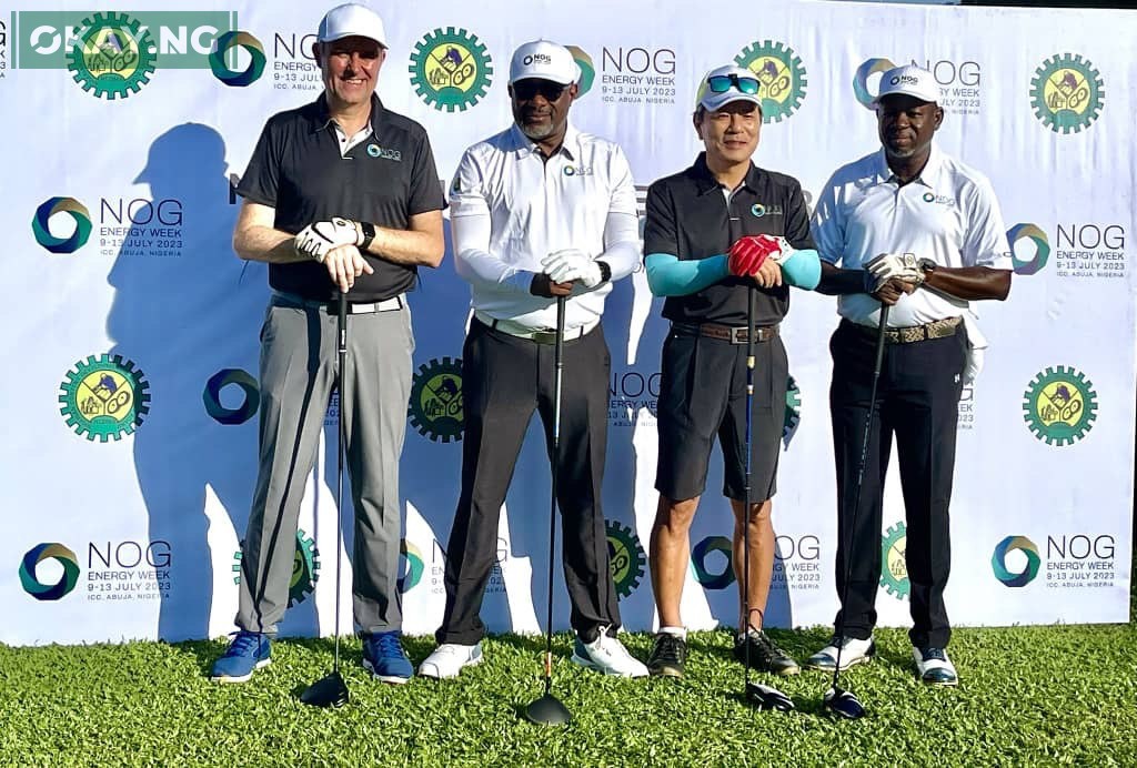 L-R: Managing Director, TotalEnergies, Mr.Mike Sangster;  Executive Secretary NCDMB, 
Engr. Simbi Kesiye Wabote; Korean Ambassador to Nigeria,
Amb. YC Kim
 and Captain, IBB Golf Course, Dr. Banjo Obaleye, in a group photograph shortly after their Tee-off to start the NCDMB sponsored Golf tournament in Abuja.
