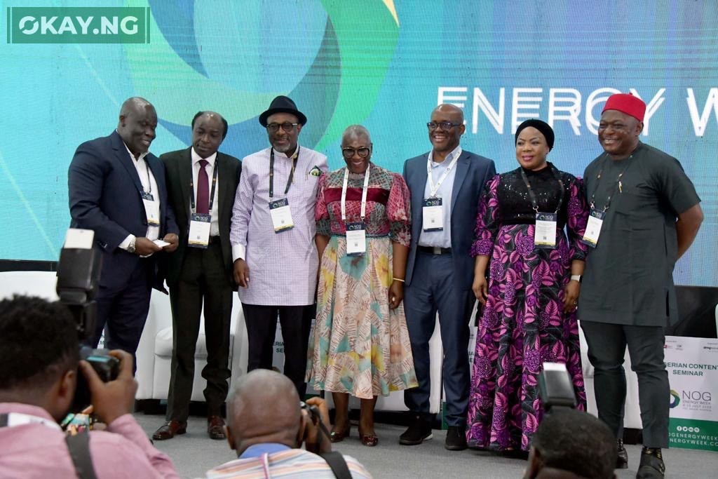 Executive Secretary, Nigerian Content Development and Monitoring Board (NCDMB), Engr. Simbi Kesiye Wabote with some panelists at the 2023 Nigerian Content Seminar at the Nigerian Oil And Gas Energy Week (NOG 2023) held in Abuja on Monday.