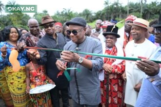 Honourable Commissioner for Chieftaincy & Community Affairs in Rivers State, Engr. Charles Amadi, flanked by NLNG’s GM for External Relations & Sustainable Development Andy Odeh, commissioning the 1km Rumuji/Rumuewhor Link Road, initiated and completed by the Rumuji community and funded by the Nigeria LNG Limited’s Global Memoranda of Understanding (GMoU) scheme on Tuesday…in Rumuji.