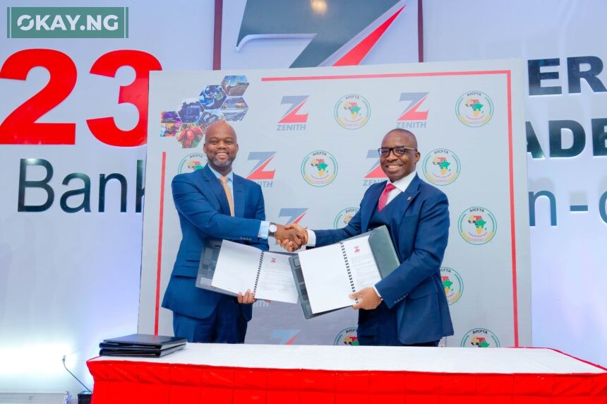 R-L: Group Managing Director/CEO of Zenith Bank Plc, Dr. Ebenezer Onyeagwu and the Secretary-General of the AfCFTA Secretariat, His Excellency Wamkele Mene during the signing of a Memorandum of Understanding (MoU) between Zenith Bank Plc and AfFCTA for the development of a smart portal, at the 8th Annual Edition of the Zenith Bank International Trade Seminar on Non-Oil Export held at the Civic Centre, Victoria Island, Lagos, yesterday.