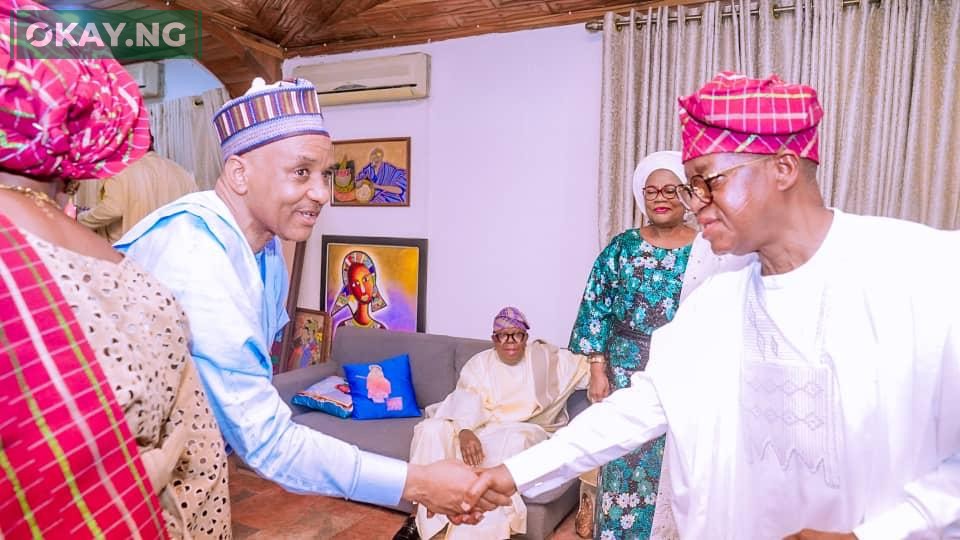 Director General, Nigerian Maritime Administration and Safety Agency, NIMASA, Dr Bashir Jamoh OFR in a handshake with the Honourable Minister of Marine and Blue Economy, Adegboyega Oyetola (right) during a reception in honour of the Honourable Minister by his community in Osun State.