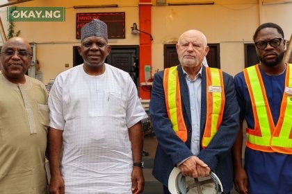 L-R: Capt. Ibraheem Olugbade, Executive Director, Administration, Ports & Cargo Handling Services Limited; Pius Ukeyima Akutah (MON), newly-appointed Executive Secretary/CEO, Nigerian Shippers Council; John Jenkins, Managing Director, Ports & Cargo Handling Services Limited and Tobi Afolabi, Executive Director, Operations, Ports & Cargo Handling Services Limited during the maiden courtesy visit of the Shippers Council boss to Ports & Cargo Handling Services Limited, operator of Terminal C, Tin Can Island Port, Apapa and subsidiary of SIFAX Group today.