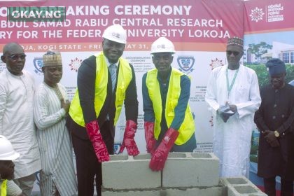 L-R: Prof. Ibeleye Gbenga Solomon (Provost, College Postgraduate School), Prof. M. S. Audu (Deputy Vice-Chancellor, Academic), Dr Ubon Udoh (MD/CEO ASR Africa), Prof. Olayemi Akinwunmi (Vice-Chancellor), Abubakar Abdu (Ag. Registrar), Dr. Mutalib Bankole Adeowu (Director, Physical Planning & Development) during the groundbreaking ceremony of the ASR Central Research Laboratory at the Federal University of Lokoja.